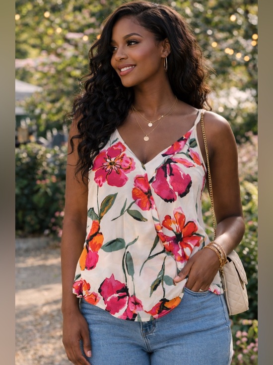 Vine & Love Tops - Vine & Love- Women’s Pink and Orange Floral Tank Top Size Small